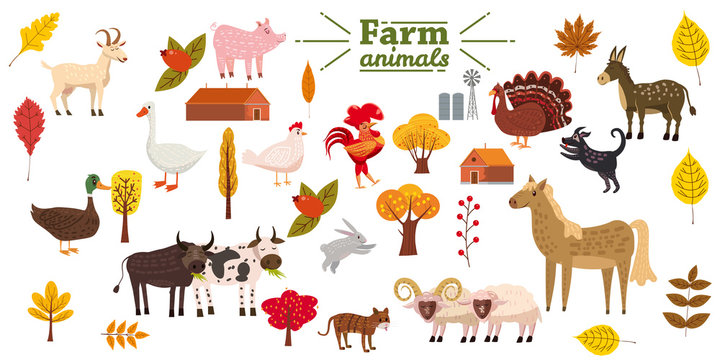 Big set of farm animals, pig, rabbit, cow, bull, cat, dog, goose, duck, turkey, donkey, goat, sheep, ram, modern stylized trees and leaves, autumn, vector, illustration, isolated