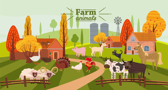 Farm animals and birds set in trendy cute style, including horse, cow, donkey, sheep, goat, pig, rabbit, duck, goose, turkey, rooster,ram, dog, cat, bull and chicken, isolated on rural landscape, farm