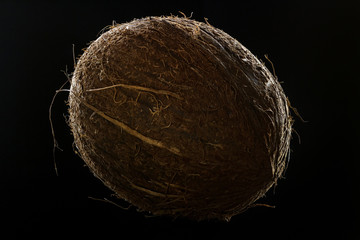 Whole ripe coconut close up with a well pronounced texture
