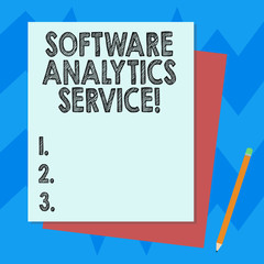 Writing note showing Software Analytics Service. Business photo showcasing Used to enhance operations and generate revenue Stack of Different Pastel Color Construct Bond Paper Pencil