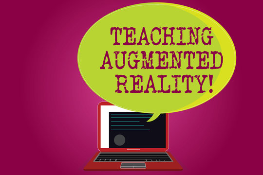 Conceptual hand writing showing Teaching Augmented Reality. Business photo text the use of AR apps directly in the classroom Certificate Layout Laptop Screen and Halftone Speech Bubble.