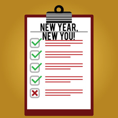 Text sign showing New Year New You. Conceptual photo 365 days of opportunities to change your expectations Lined Color Vertical Clipboard with Check Box photo Blank Copy Space