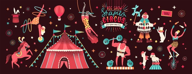 Collection of circus tent and funny show performers - clown, strongman, acrobats, trained animals, trapeze artist, hooper, juggling unicyclist. Colorful vector illustration in flat cartoon style. - obrazy, fototapety, plakaty