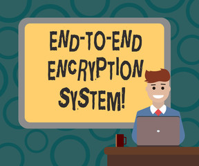 Writing note showing End To End Encryption System. Business photo showcasing method used for securing encrypted data Bordered Board behind Man Sitting Smiling with Laptop Mug on Desk