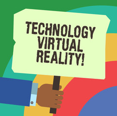 Handwriting text writing Technology Virtual Reality. Concept meaning interactive computergenerated experience Hu analysis Hand Holding Blank Colored Placard with Stick photo Text Space