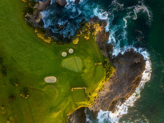 An aerial shot of a seaside golf course on New South Wales' South Coast in Australia. - 241398913