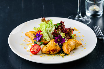 restaurant dish close up dinner table. Selective focus