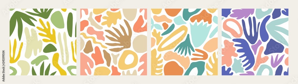 Aufkleber Collection of modern abstract seamless patterns with natural colorful shapes or blots on white background. Trendy motley vector illustration in flat style for wrapping paper, textile print, wallpaper.