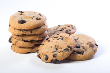 Homemade chocolate biscuits, a close-up at the white background.