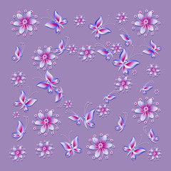 Heart of butterflies and flowers. Greeting. The background is lilac. Design for greetings, cards, posters, banners.
