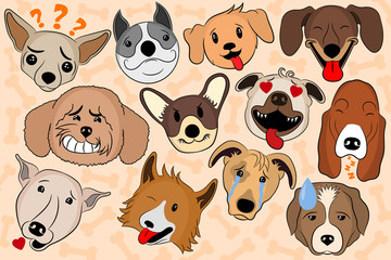 Cartoon Vector Illustration of Funny Dogs Expressing Emotions. Puppy emoji showing various emotions. A cartoon dogs with various facial expressions and moods. Set of heads of dogs emotions.