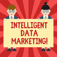 Conceptual hand writing showing Intelligent Data Marketing. Business photo showcasing Information relevant to a target account s is market Male and Female in Uniform Holding Placard Banner Text Space