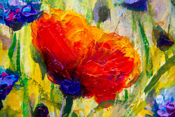 Original handmade abstract oil painting bright flowers made palette knife. Red, yellow, blue, purple abstract flowers. Macro impasto painting. © weris7554