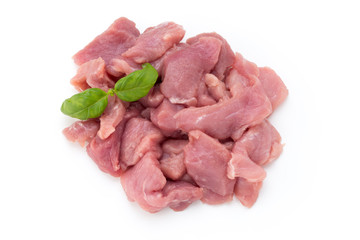 Raw chopped beef meat pieces isolated om white background cut out.