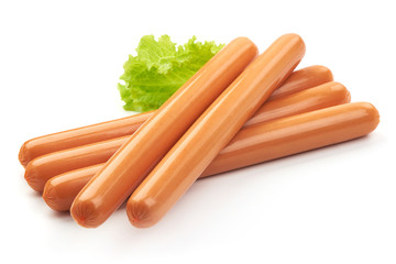 Fresh Boiled Sausages with lettuce, close-up, isolated on a white background