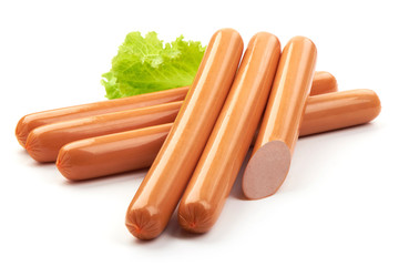 Frankfurter Sausages with lettuce, close-up, isolated on a white background