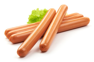 Fresh Sausages with lettuce, close-up, isolated on a white background