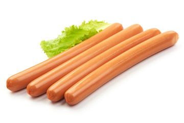 Boiled Sausages with lettuce, close-up, isolated on a white background