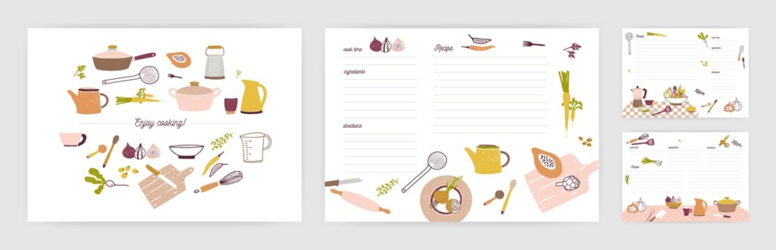 Bundle of recipe card templates for making notes about preparation of food and cooking ingredients. Clean cookbook pages decorated with colorful kitchen utensils and vegetables. Vector illustration.