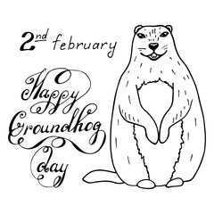 Groundhog Day outline doodle illustration with handwritten text. Sketched holiday design set with marmot.
