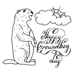 Groundhog Day outline doodle illustration with handwritten text. Sketched holiday design set with marmot.
