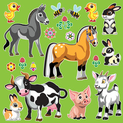 set of cartoon farm animals . Collection for baby and little kid. Vector illustrations on green background 