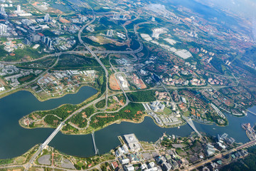 Overhead city view of Putrajaya - Putra lake, Seri Saujana Bridge, Prime Minister's Department Complex, Federal Government Administrative Centre, Putra Mosque. Aerial cityscape, Malaysia..