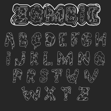 Zombie font. Cartoon green vector letters with brains and bones. Monster, halloween, scary picture.