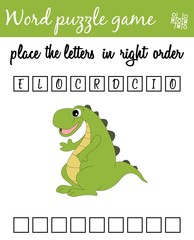 Words puzzle game with crocodile. Place the letters in right order. Learning vocabulary. Educational game for children