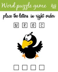 Words puzzle game with crow. Place the letters in right order. Learning vocabulary. Educational game for children