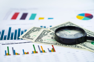 Magnifying glass and US dollar banknotes background : Banking Account, Investment Analytic research data economy, trading, Business company concept.