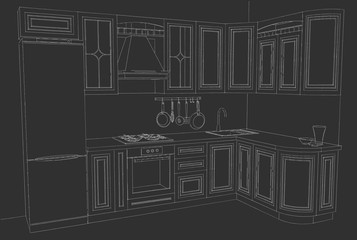 Architectural drawing of a classical L-shaped kitchen. White lines on a black background.
