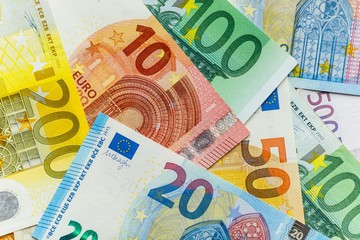Euro cash background. Different euro banknotes.