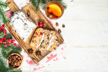 Stollen traditional Christmas ftuitcake with dried fruit and nut