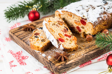 Stollen traditional Christmas ftuitcake with dried fruit and nut