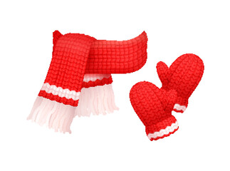 Woolen Mittens and Knitted Scarf with White Thread