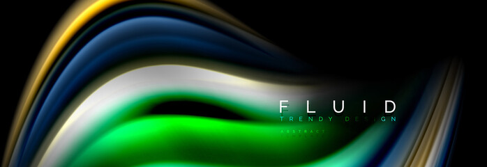 Bright colorful liquid fluid lines on black, modern abstract background