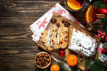 Stollen traditional Christmas ftuitcake with dried fruit and nut