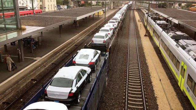 Brand New Cars Transported By Freight Train Railway From The Factory - Bavaria, Germany