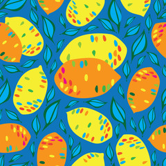 Lemone and Leaves-Fruit Delight seamless Repeat Pattern illustration .Background in yellow orange Red blue and Green.Delicate Pattern Background. Surface pattern Design, Perfect for Fabric, Scrapbook
