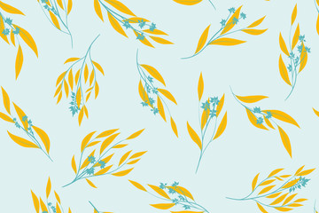 Fototapeta na wymiar Floral Seamless Pattern in Pastel Color Design. Vector Eucalyptus Leaves and Beautiful Blossom Elements. Botanical Summer Background. Floral Seamless Pattern for Wedding Design, Print, Textile, Fabric