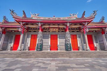 Taipei, Taiwan - November 29, 2018: Beautiful five red gate of Xingtian temple in Zhongshan district in Taipei city, Taiwan