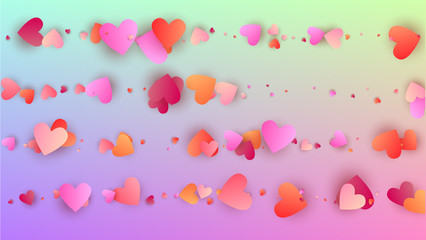 Wedding Background. Heart Confetti Pattern. Poster Template. Many Random Falling Red Hearts on Hologram Backdrop. Vector Wedding Background.