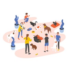 Fototapeta na wymiar Group of people or volunteers feeding pets and playing with them in animal shelter, pound, rehabilitation or adoption center for stray and homeless cats and dogs. Isometric vector illustration.
