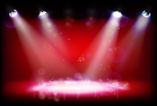 Stage illuminated by spotlights during the show. Vector illustration.