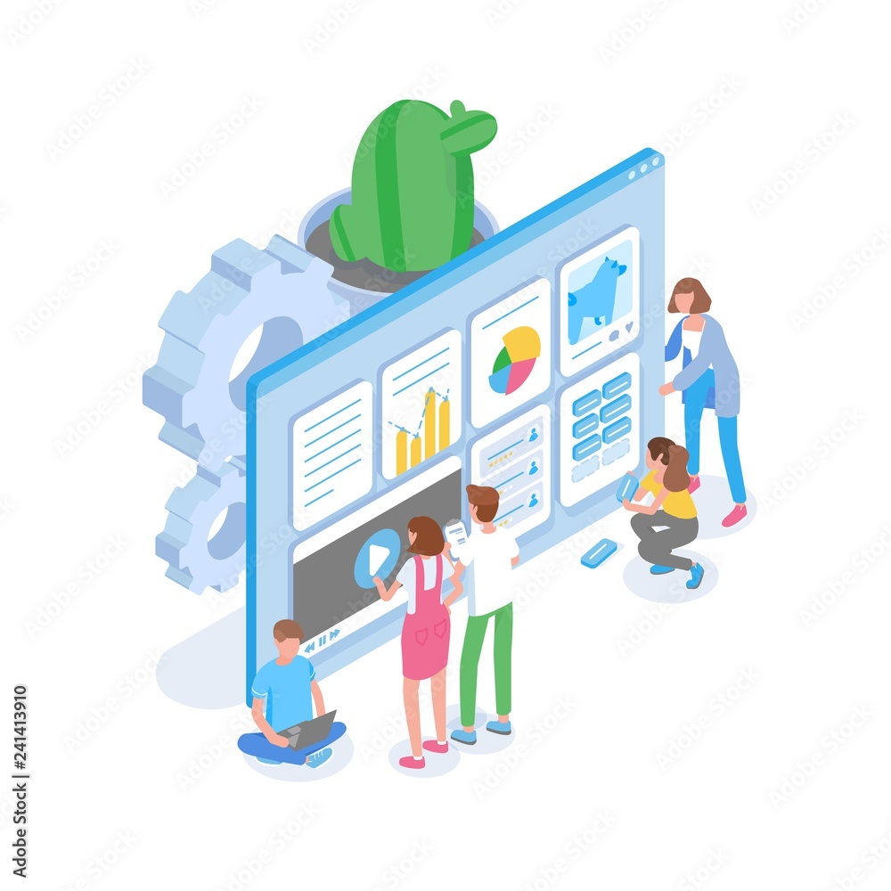 Poster Group of people standing in front of giant computer screen and optimizing website for search engines. SEO analytics, internet or digital marketing, web analytics. Modern isometric vector illustration.