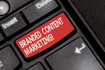 Conceptual hand writing showing Branded Content Marketing. Business photo showcasing Involves creating content linked to a brand Keyboard key Intention to create computer message idea