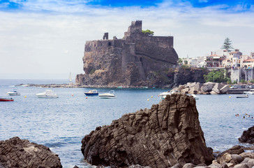 Fototapeta na wymiar Acicastello – ancient norman castle in Acitrezza, Catania, Sicily.