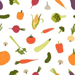 Seamless pattern with harvested crops or fresh raw organic vegetables scattered on white background. Backdrop with healthy vegan eco food. Vector illustration for fabric print, wrapping paper.