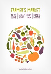 Poster, flyer or invitation templates for farmer s market, vegan food festival or fair decorated by circle made of fresh ripe vegetables or crops. Colorful vector illustration for event announcement.